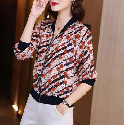 Καλοκαιρινό σιφόν στάμπα Γυναικείο μακρυμάνικο φαρδύ Bomber Γυναικείο μπλουζάκι Γυναικεία αναπνεύσιμα ρούχα X180