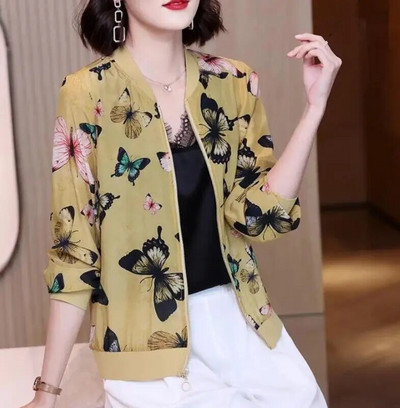 Καλοκαιρινό σιφόν στάμπα Γυναικείο μακρυμάνικο φαρδύ Bomber Γυναικείο μπλουζάκι Γυναικεία αναπνεύσιμα ρούχα X180