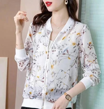 Καλοκαιρινό σιφόν στάμπα Γυναικείο μακρυμάνικο φαρδύ Bomber Γυναικείο μπλουζάκι Γυναικεία αναπνεύσιμα ρούχα X180