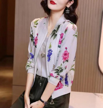 Καλοκαιρινό σιφόν στάμπα Γυναικείο μακρυμάνικο φαρδύ Bomber Γυναικείο μπλουζάκι Γυναικεία αναπνεύσιμα ρούχα X180