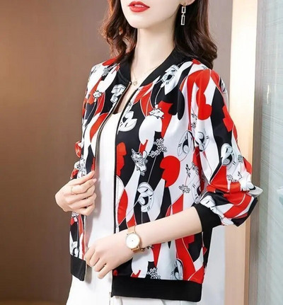 Καλοκαιρινό σιφόν στάμπα Γυναικείο μακρυμάνικο φαρδύ Bomber Γυναικείο μπλουζάκι Γυναικεία αναπνεύσιμα ρούχα X180