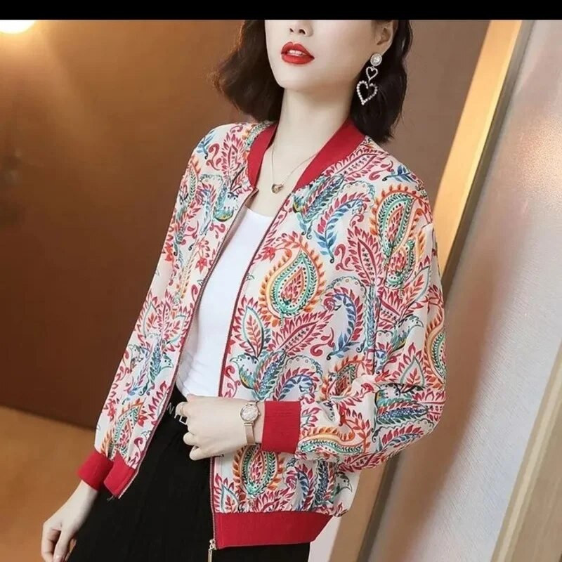 Καλοκαιρινό σιφόν στάμπα Γυναικείο μακρυμάνικο φαρδύ Bomber Γυναικείο μπλουζάκι Γυναικεία αναπνεύσιμα ρούχα X180