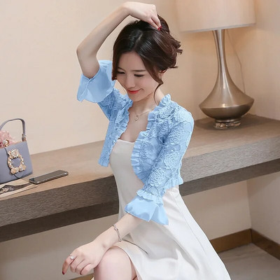 Slatki ružičasti čipkasti bolero sliježe ramenima za svečanu haljinu Ljetna ženska odjeća Širokih rukava Elegantni kardigan Top šalovi Osnovni kaput Jakne