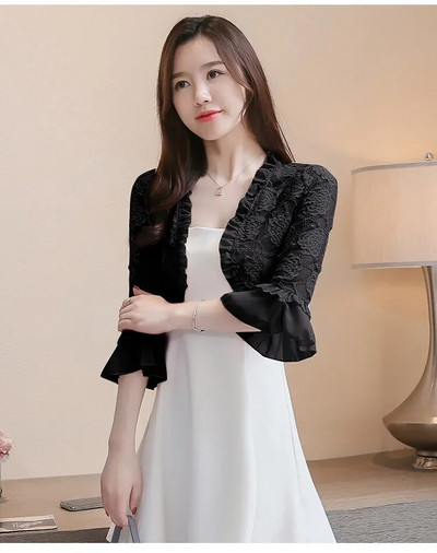 Slatki ružičasti čipkasti bolero sliježe ramenima za svečanu haljinu Ljetna ženska odjeća Širokih rukava Elegantni kardigan Top šalovi Osnovni kaput Jakne