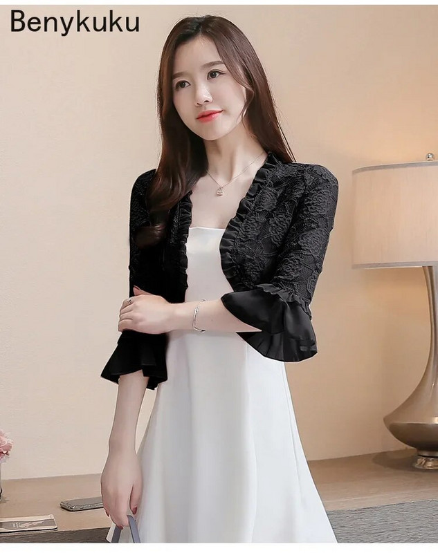 Slatki ružičasti čipkasti bolero sliježe ramenima za svečanu haljinu Ljetna ženska odjeća Širokih rukava Elegantni kardigan Top šalovi Osnovni kaput Jakne