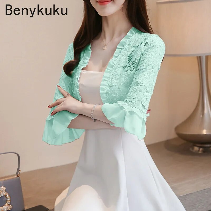 Slatki ružičasti čipkasti bolero sliježe ramenima za svečanu haljinu Ljetna ženska odjeća Širokih rukava Elegantni kardigan Top šalovi Osnovni kaput Jakne