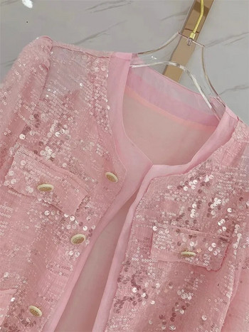 Κορεατικά, καλοκαιρινά ανοιξιάτικα γυναικεία ροζ μακρυμάνικα με παγιέτες κοντό γυναικείο τζάκετ Causal single στήθος παλτό Blignbling Ζακέτα