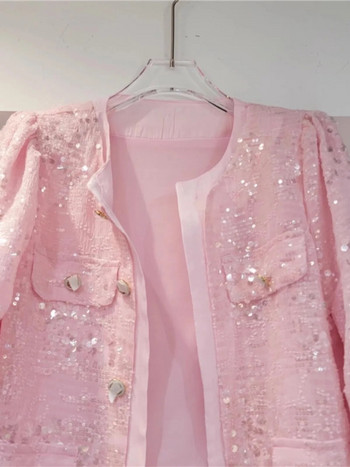 Κορεατικά, καλοκαιρινά ανοιξιάτικα γυναικεία ροζ μακρυμάνικα με παγιέτες κοντό γυναικείο τζάκετ Causal single στήθος παλτό Blignbling Ζακέτα
