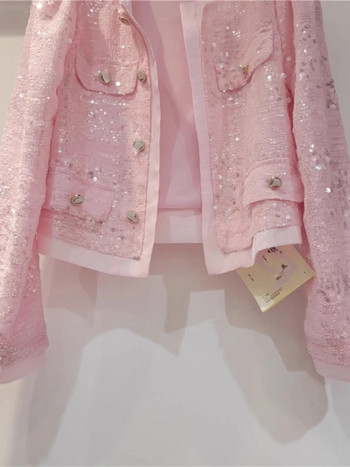 Корейско лято пролет Дамско розово късо яке с пайети с дълъг ръкав Дамско каузално едноредно палто Blignbling Жилетка Топове