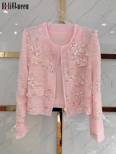 Korean Summer Spring Women Pink Long Sleeve Sequined Short Jacket Ladies Causal Single Breasted Coat Blignbling Cardigan Tops
