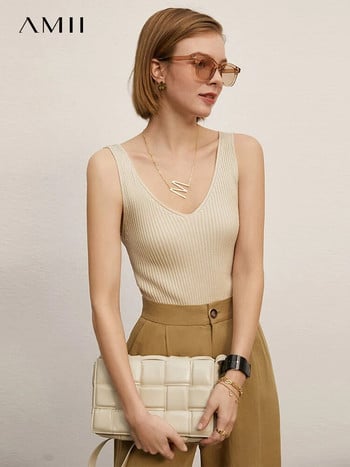 Amii Minimalism Summer New Γυναικείες μπλούζες Camisole Office Lady με μονόχρωμο λαιμόκοψη V-λαιμόκοψη για κορίτσια, φανελάκι Streetwear τοπ 12321058