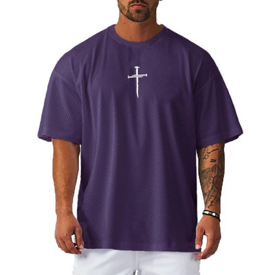 Tricou largi supradimensionat pentru bărbați, ocazional, sport cu jumătate de mânecă, tricou pentru sală, culturism, fitness, vară, cu plasă mare, îmbrăcăminte cu uscare rapidă