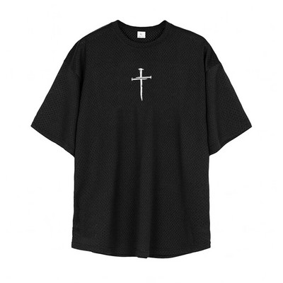 Túlméretes laza férfi alkalmi sport fél ujjú póló edzőterem testépítő fitnesz póló nyári nagy hálós gyorsan száradó ruha