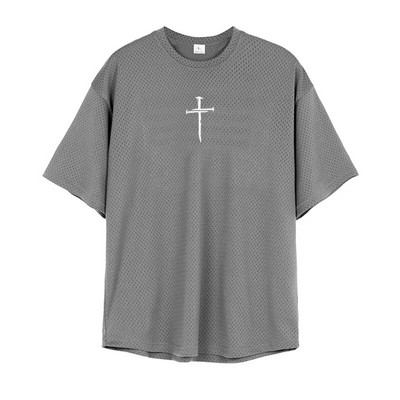 Túlméretes laza férfi alkalmi sport fél ujjú póló edzőterem testépítő fitnesz póló nyári nagy hálós gyorsan száradó ruha