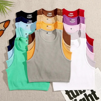 Crop Top Femei Tricouri solide de bază Vestă fără cusături Îmbrăcăminte de stradă Elastică din tricot cu coaste Fără mâneci Casual Tank Topuri Femei