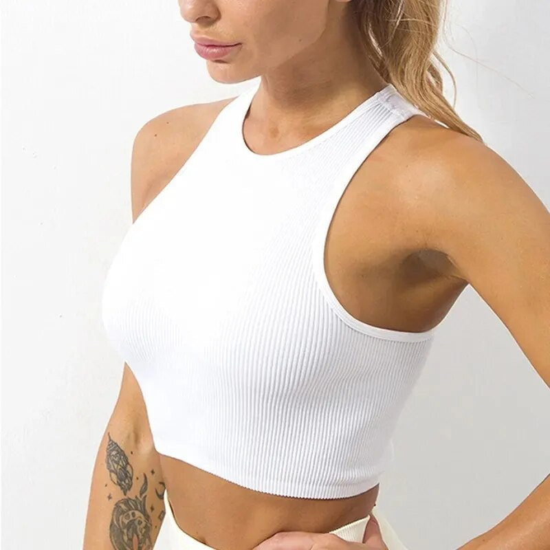 Crop Top Femei Tricouri solide de bază Vestă fără cusături Îmbrăcăminte de stradă Elastică din tricot cu coaste Fără mâneci Casual Tank Topuri Femei
