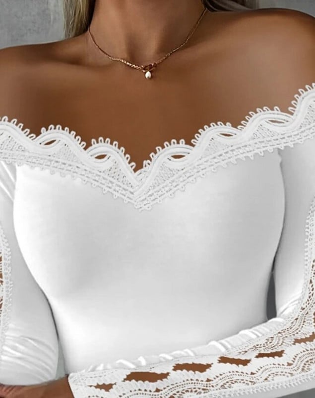 2023. Jesen Zima Proljeće Nova moda, ležerne seksi bluze s otvorenim ramenima, izdubljeni čipkasti vrh Ženska odjeća Majice kratkih rukava Puloveri