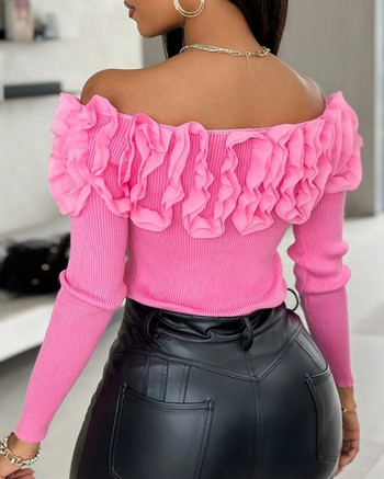 Y2K Топ пуловер за жени Секси елегантен дамски розов дантелен флорален модел Плетен пуловер с дълъг ръкав Топ с отворени рамена Пуловер Топ
