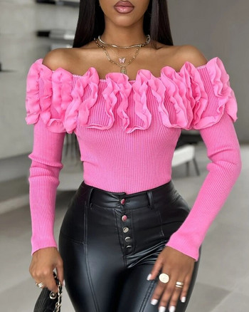 Y2K Топ пуловер за жени Секси елегантен дамски розов дантелен флорален модел Плетен пуловер с дълъг ръкав Топ с отворени рамена Пуловер Топ
