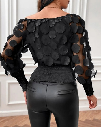 Елегантен стил 2024 Пролетни дамски блузи с мехурчета с флорални шарки, прозрачна мрежеста горна част, цветя, темперамент, риза за пътуване до работа