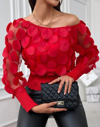 Елегантен стил 2024 Пролетни дамски блузи с мехурчета с флорални шарки, прозрачна мрежеста горна част, цветя, темперамент, риза за пътуване до работа