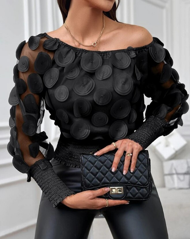 Elegáns stílusú 2024 tavaszi női blúzok, buborékos ujjú, virágmintás, ráncolt áttetsző hálós felső virágos temperamentumú ingázási ing