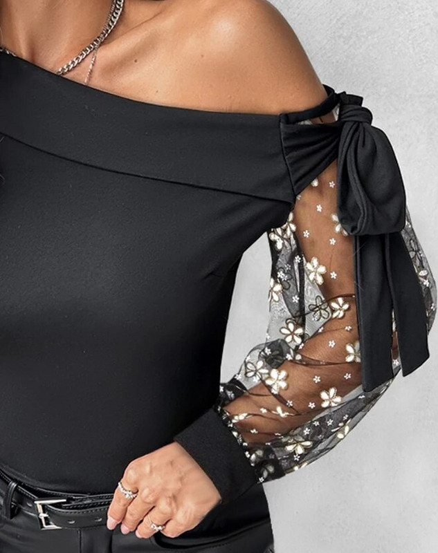 Intellektuális stílus, 2024 kora tavaszi női blúz, alkalmi, egyszerű, egy váll, virágmintás, megkötött, hálós foltos felső