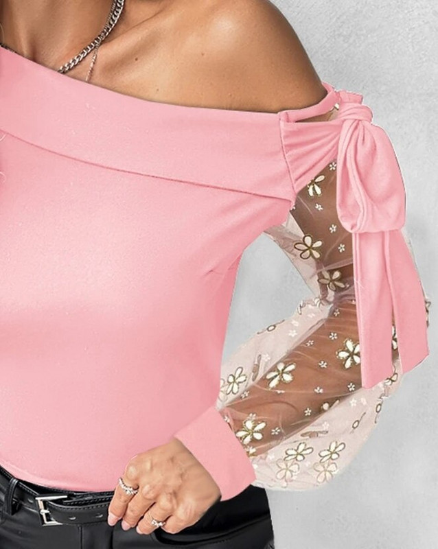 Intellektuális stílus, 2024 kora tavaszi női blúz, alkalmi, egyszerű, egy váll, virágmintás, megkötött, hálós foltos felső