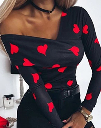 Γυναικεία μπλούζα 2024 Ανοιξιάτικη και Φθινοπωρινή μακρυμάνικη καρδιά με στάμπα ασύμμετρος λαιμός Skinny top Μπλούζα γυναικεία μπλούζα με ρούχα
