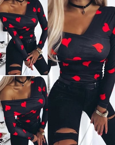 Moteriška palaidinė 2024 m. pavasario ir rudens ilgomis rankovėmis, širdelės raštais, asimetrišku kaklu, siaura viršutinė palaidinė, moteriški drabužiai, marškinėliai