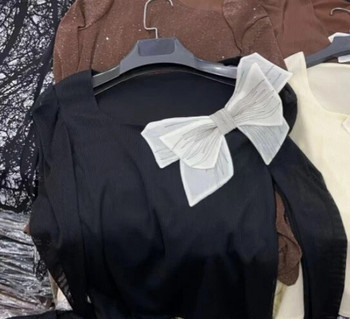 Κορυφαία γυναικεία ανοιξιάτικη μόδα ντεκόρ με παπιγιόν Μακρυμάνικο casual τετράγωνο λαιμό Απλό καθημερινό μπλουζάκι Top γυναικεία ρούχα
