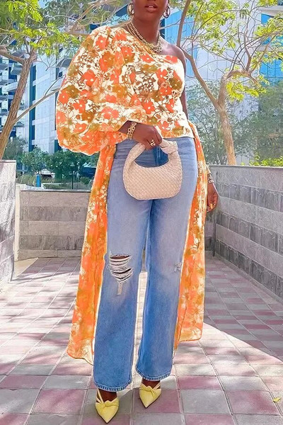 Nyári őszi divat Lámpás vállon nyomtatott felsők, női szexi ferde gallérral buli klub utcai viselet blúz