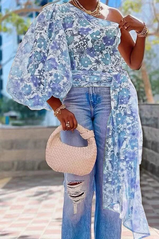 Nyári őszi divat Lámpás vállon nyomtatott felsők, női szexi ferde gallérral buli klub utcai viselet blúz