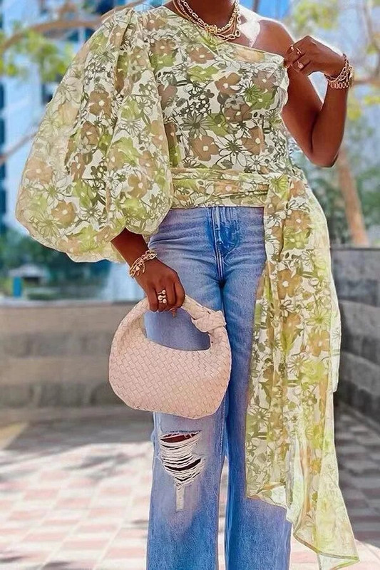 Nyári őszi divat Lámpás vállon nyomtatott felsők, női szexi ferde gallérral buli klub utcai viselet blúz