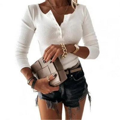 Tavasz nyár női blúz V-nyakú gombos pamutkeverék hosszú ujjú ing randevús női ruházati ruházat női ing kabát kabát