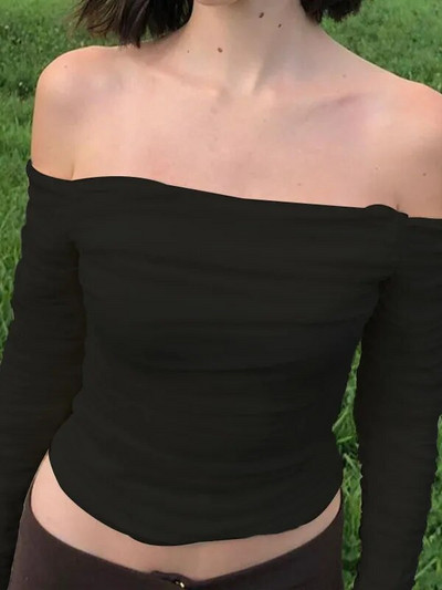 Mrežaste kratke majice s naborima Ženske uske majice s otvorenim ramenima dugih rukava i bluze Ljeto Jesen Y2K Seksi elegantne košulje Ženske