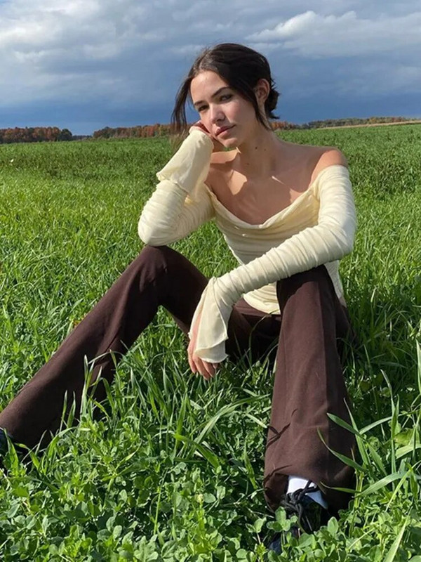 Mrežaste kratke majice s naborima Ženske uske majice s otvorenim ramenima dugih rukava i bluze Ljeto Jesen Y2K Seksi elegantne košulje Ženske