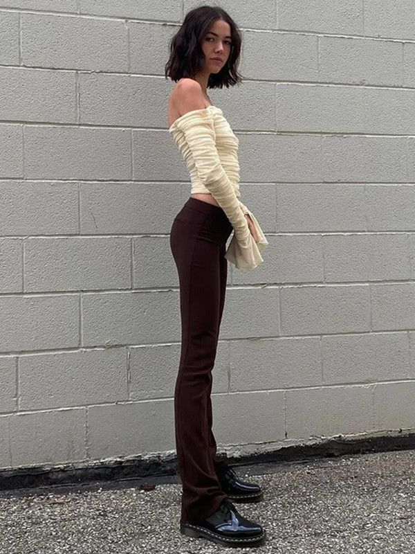 Mrežaste kratke majice s naborima Ženske uske majice s otvorenim ramenima dugih rukava i bluze Ljeto Jesen Y2K Seksi elegantne košulje Ženske