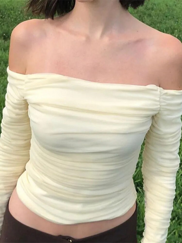 Mrežaste kratke majice s naborima Ženske uske majice s otvorenim ramenima dugih rukava i bluze Ljeto Jesen Y2K Seksi elegantne košulje Ženske