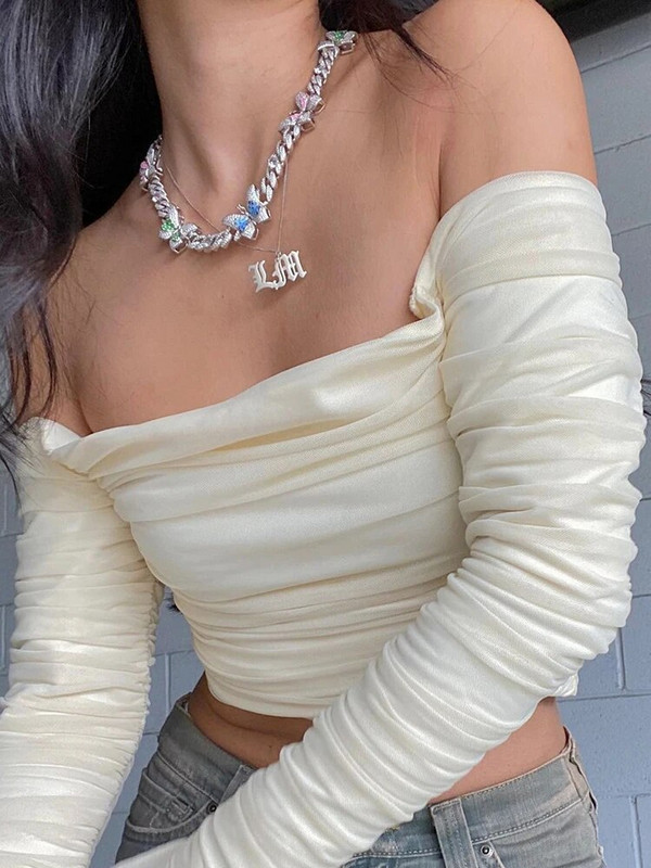 Mrežaste kratke majice s naborima Ženske uske majice s otvorenim ramenima dugih rukava i bluze Ljeto Jesen Y2K Seksi elegantne košulje Ženske