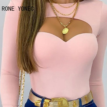 Дамска шикозна плътна секси розова блуза с дълги ръкави по тялото