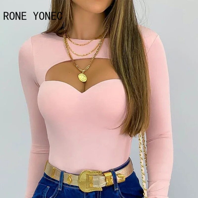 Moteriškos prašmatnios solidžios palaidinės seksuali ilgomis rankovėmis Bodycon rožinė palaidinė