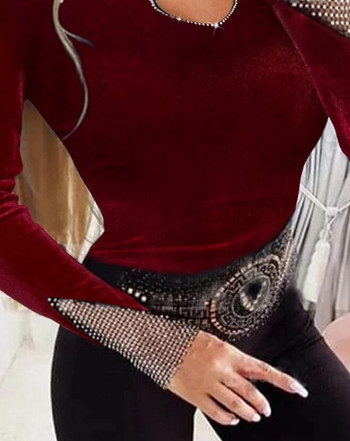 Дамски секси блузи 2024 есен, кухи сърца, кадифе пачуърк, оребрен плетен пуловер с О-образно деколте, тънък пуловер с дълъг ръкав