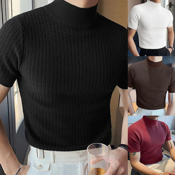 Мъжки тениски с къси ръкави, полувисока яка имитирана водолазка, горнища, плетени пуловери, тънки тениски, ежедневни мъжки ризи