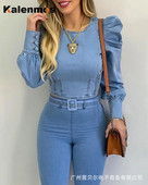 Traper košulja Ženske nove svijetloplave bluze dugih rukava s mjehurićima Skinny Slim Fit Francais Majice korejske ulične odjeće Blusas Mujer De Moda