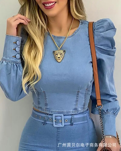 Traper košulja Ženske nove svijetloplave bluze dugih rukava s mjehurićima Skinny Slim Fit Francais Majice korejske ulične odjeće Blusas Mujer De Moda