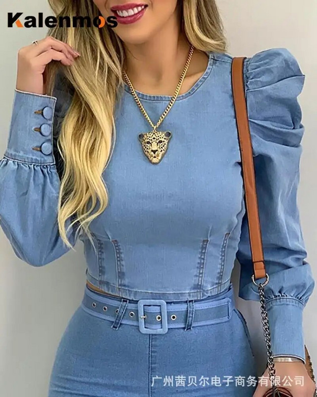 Traper košulja Ženske nove svijetloplave bluze dugih rukava s mjehurićima Skinny Slim Fit Francais Majice korejske ulične odjeće Blusas Mujer De Moda
