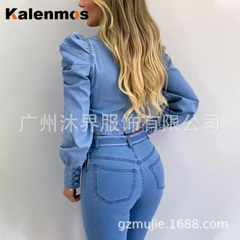 Traper košulja Ženske nove svijetloplave bluze dugih rukava s mjehurićima Skinny Slim Fit Francais Majice korejske ulične odjeće Blusas Mujer De Moda