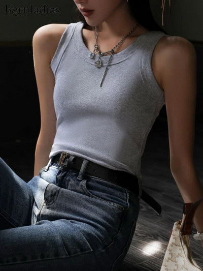 Bornladies nyári bordázott kötött felsők, női vállra vágott felsők Basic ingek Alkalmi függőnadrág sportmellény vékony Y2k felső