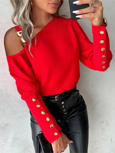 Дамски секси студен декор с копчета на раменете Ong Sleeve Blouse Top Есенно-зимна мода Червени черни ежедневни блузи Топове Y2K Дрехи